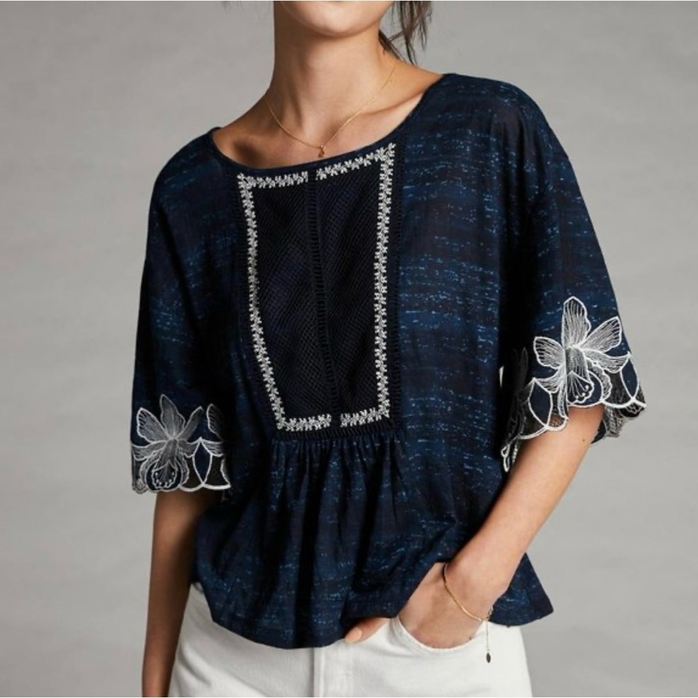 Anthropologie Pilcro Navy Orchid Embroidered Top Small